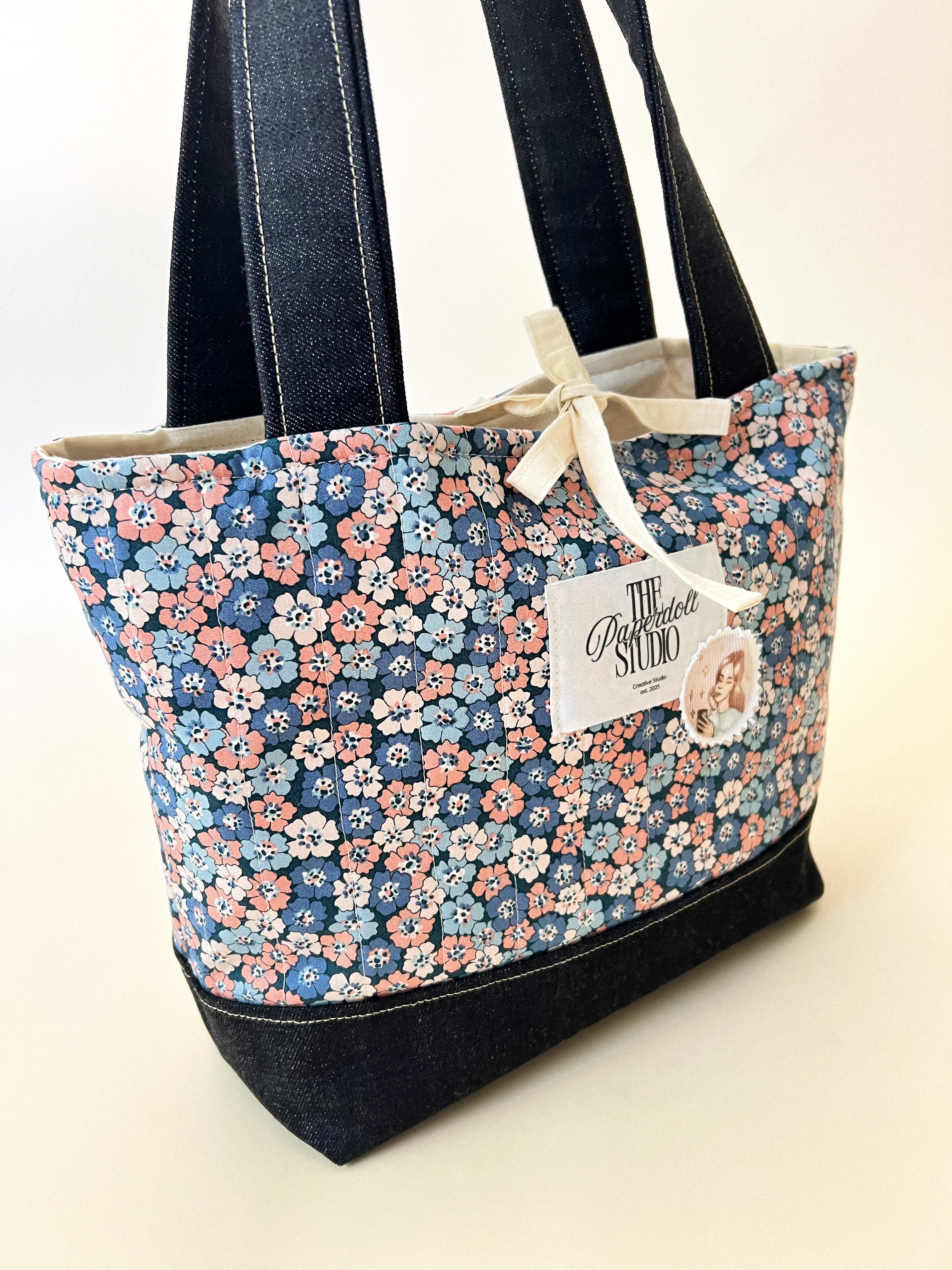 Pink Blue Flowers & Denim Tote Bag