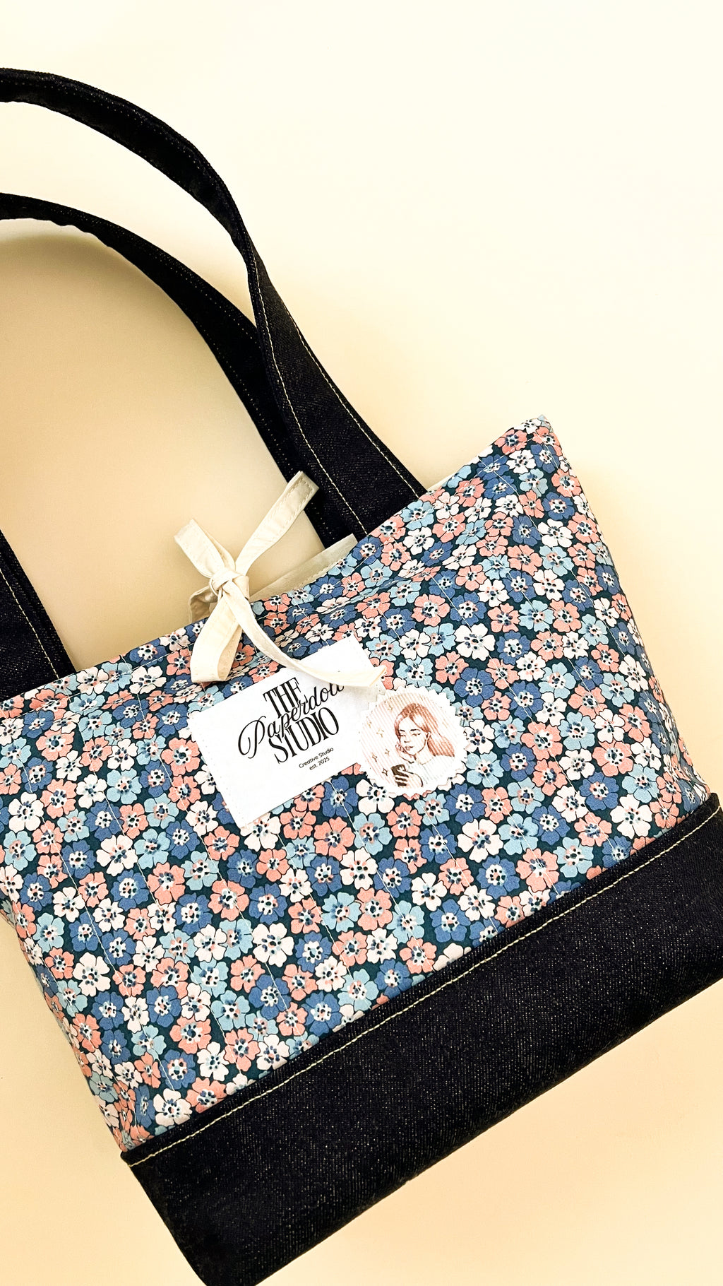 Pink Blue Flowers & Denim Tote Bag
