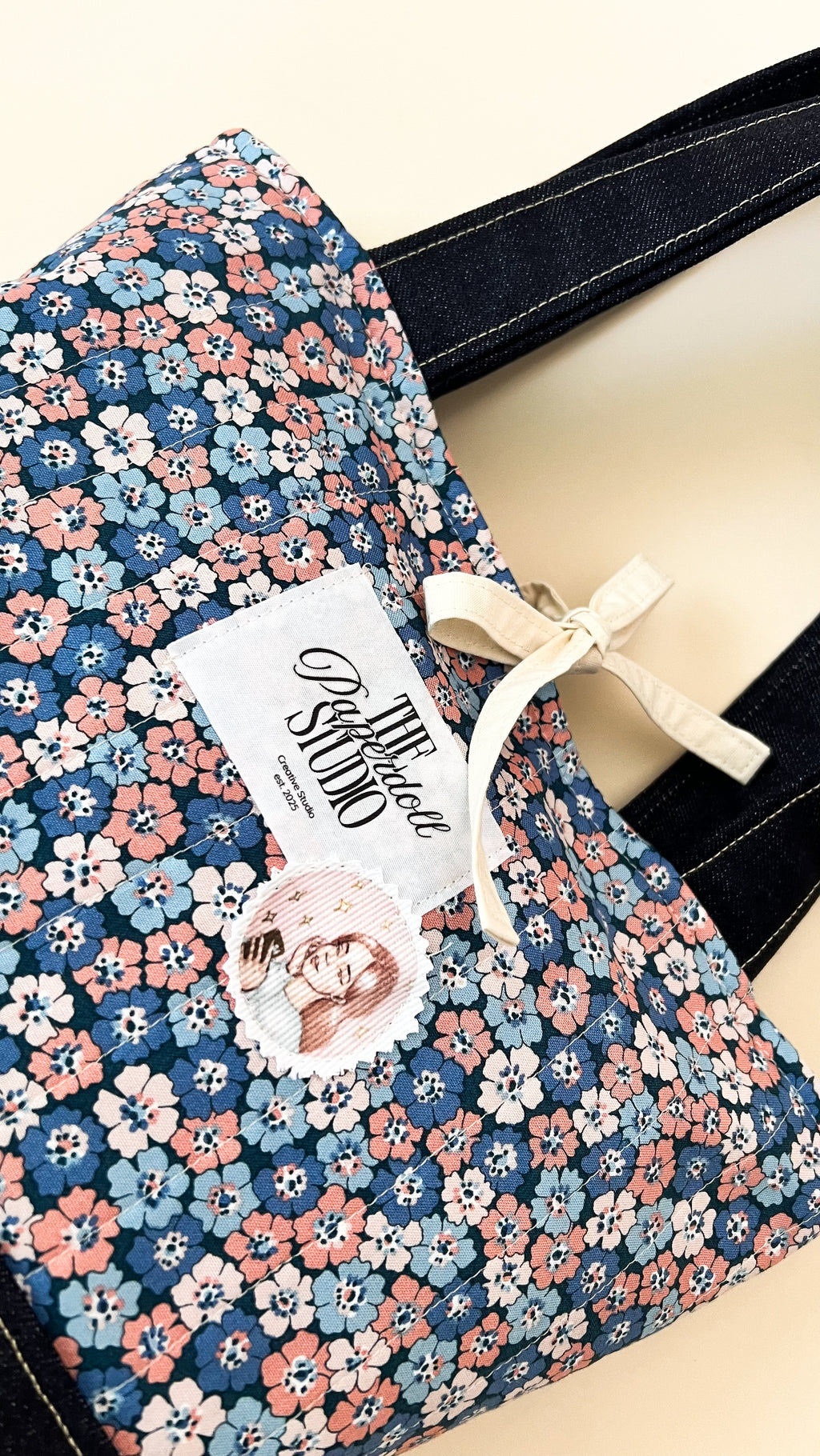 Pink Blue Flowers & Denim Tote Bag