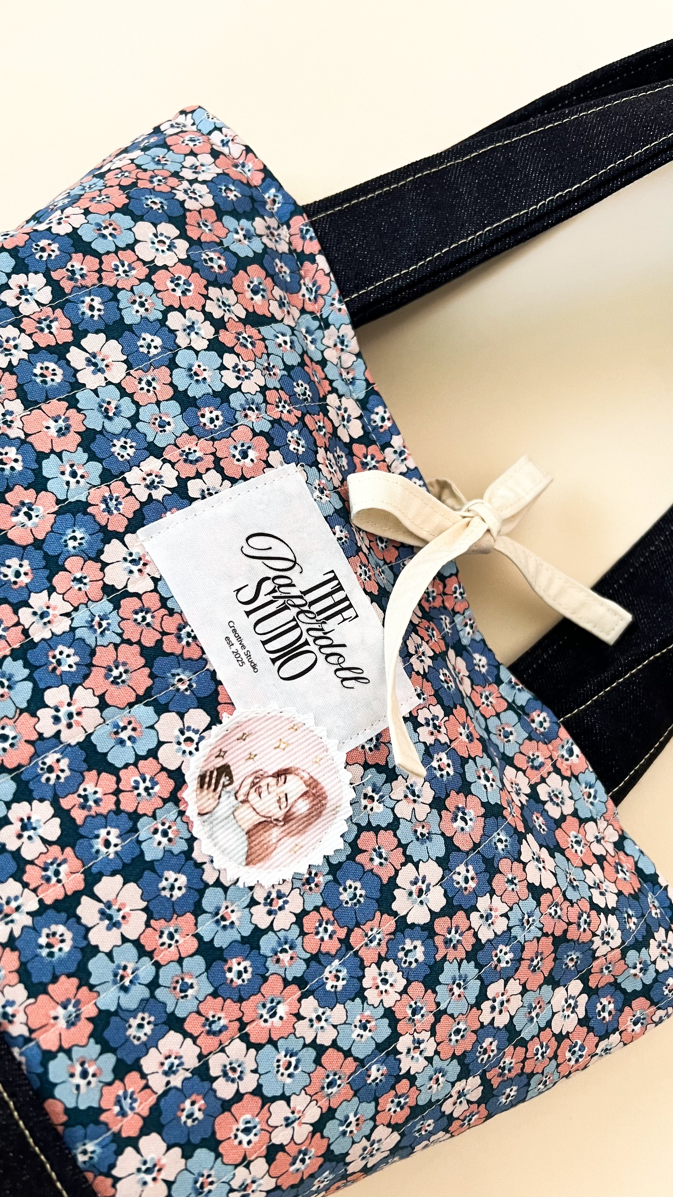 Pink Blue Flowers & Denim Tote Bag