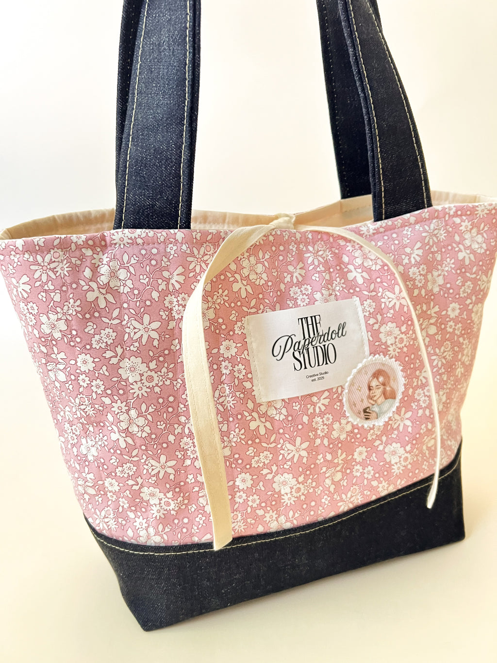 Pink Flowers & Denim Tote Bag.