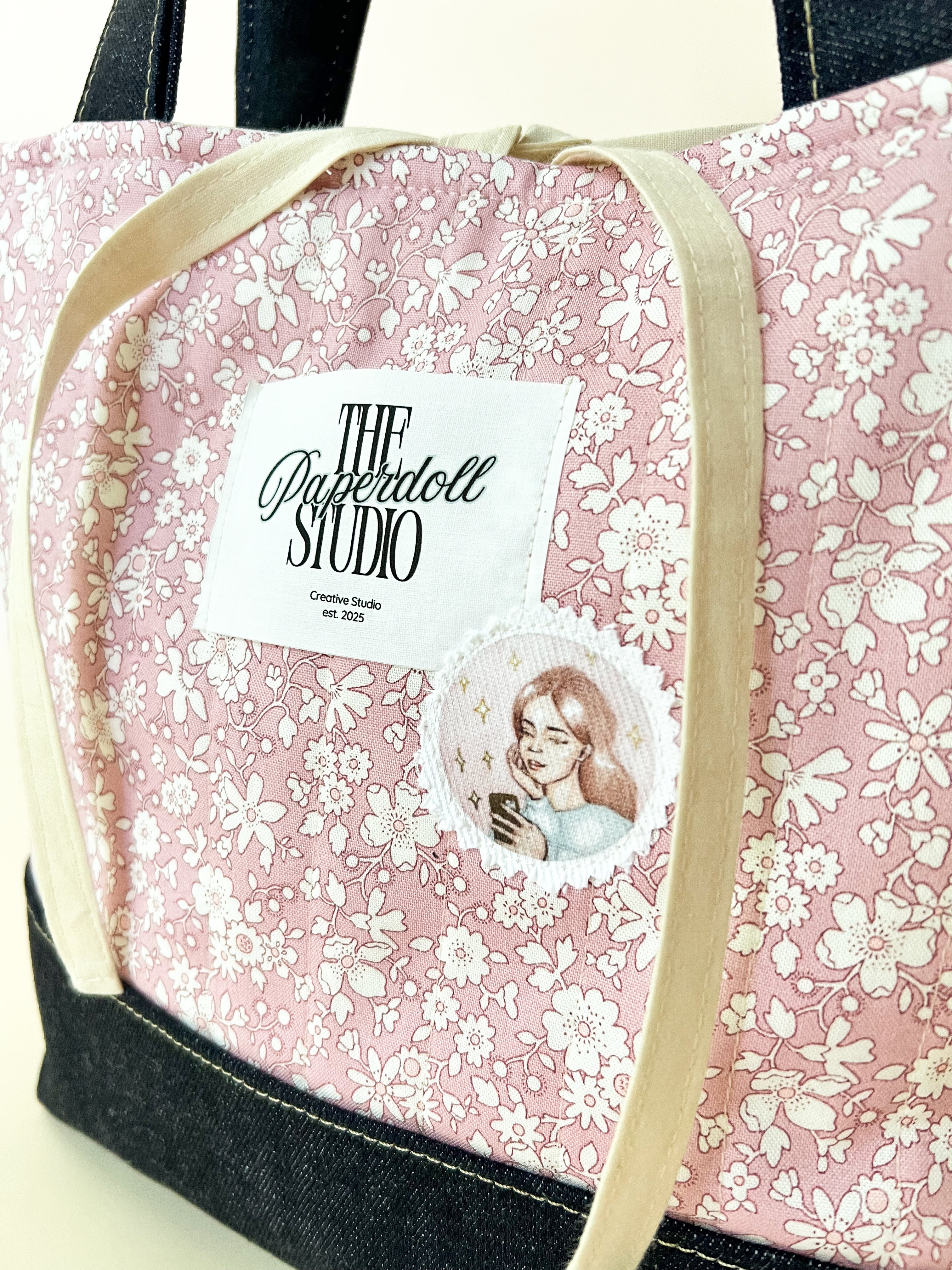Pink Flowers & Denim Tote Bag.