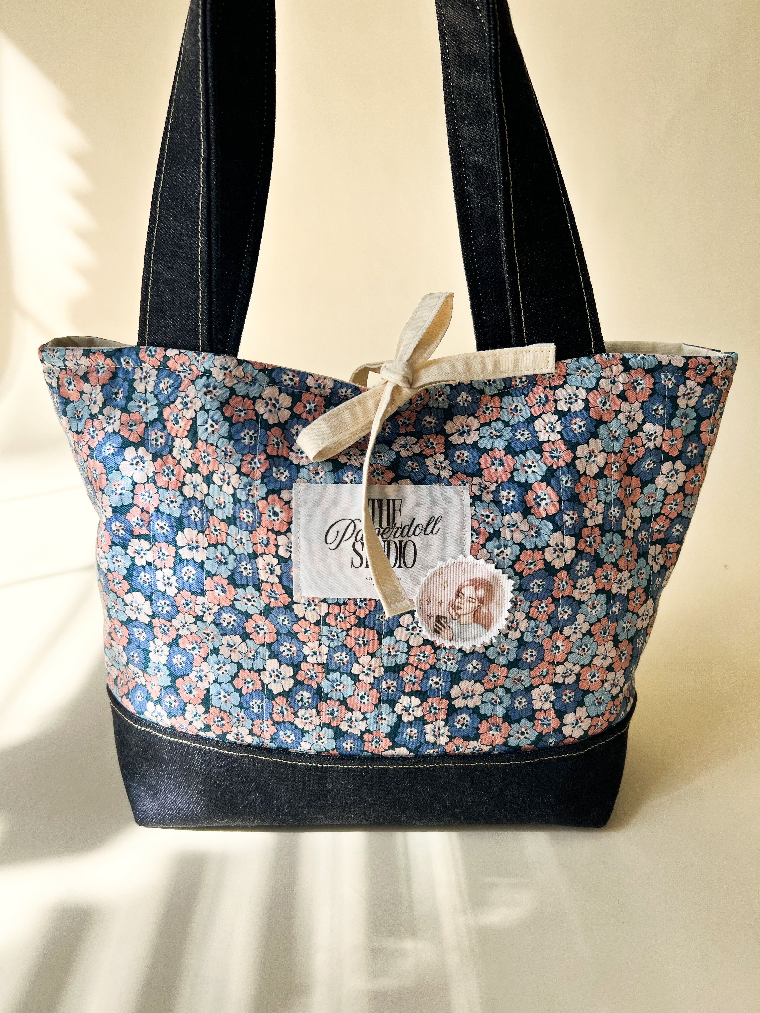 Pink Blue Flowers & Denim Tote Bag