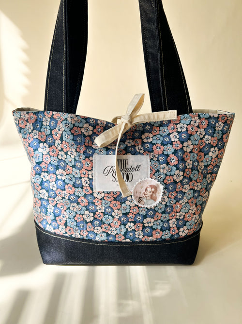 Pink Blue Flowers & Denim Tote Bag