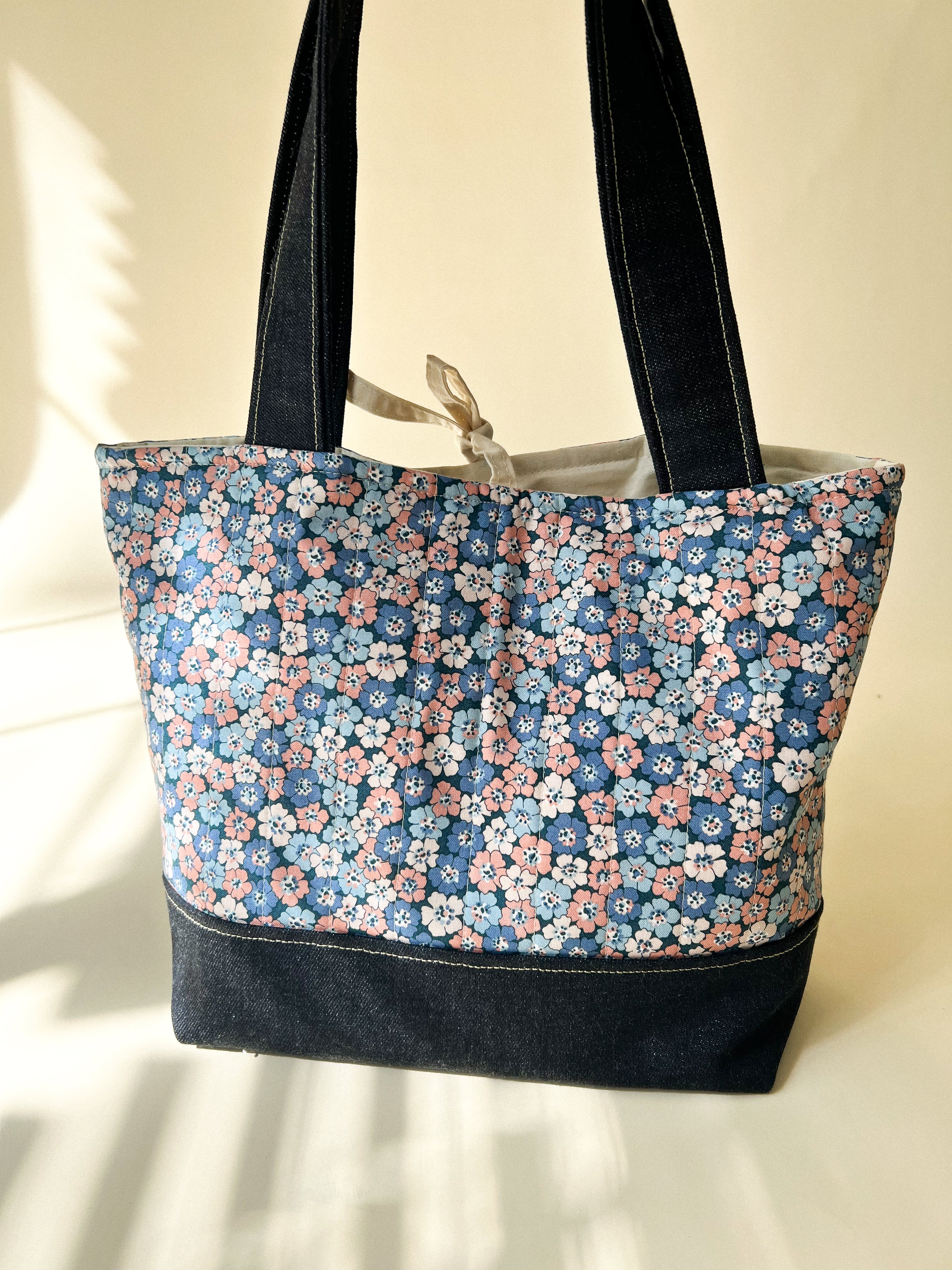Pink Blue Flowers & Denim Tote Bag